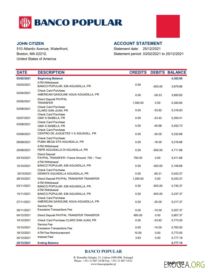 Portugal Banco Popular excel pdf
